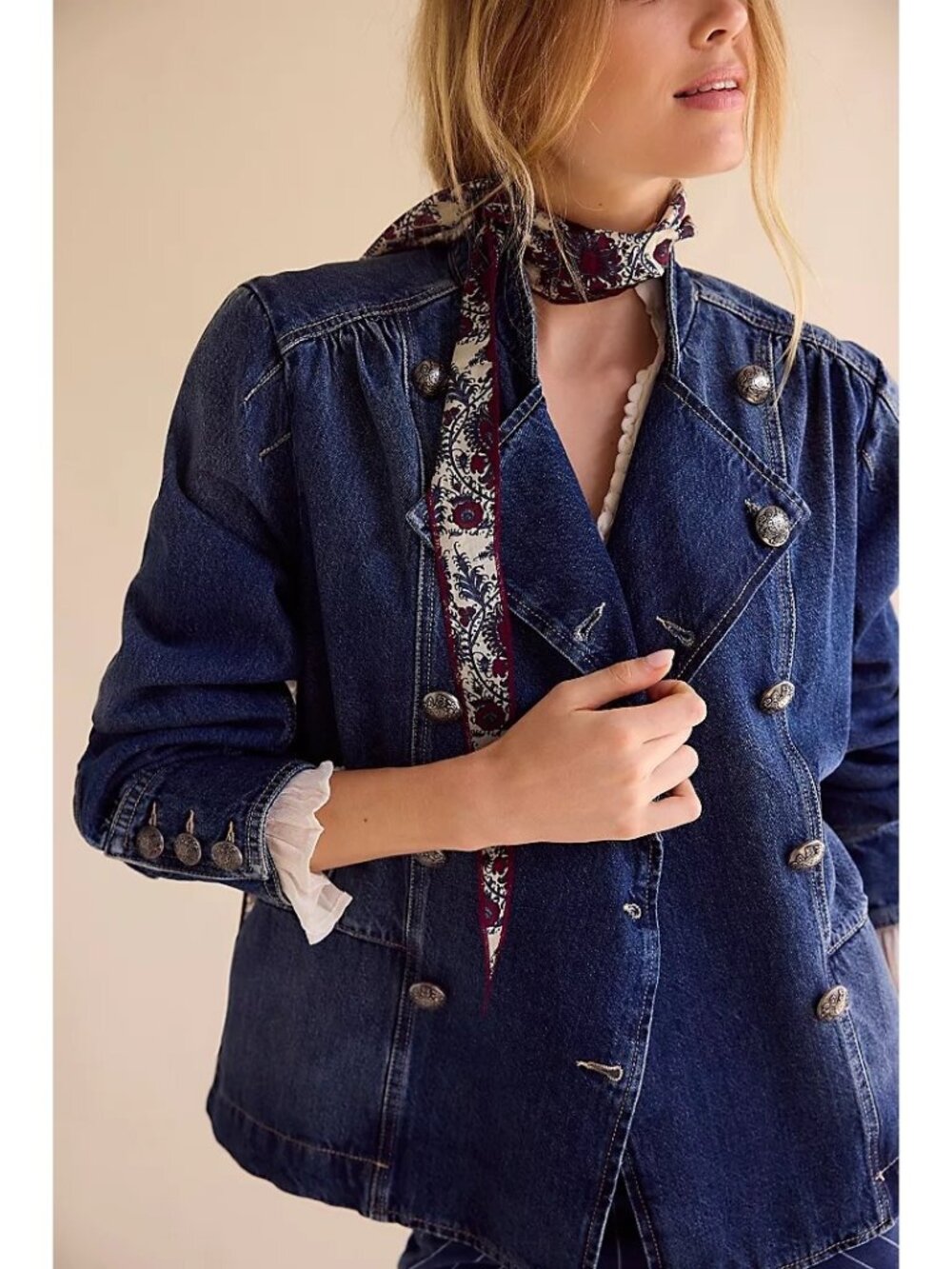 Free People Imogene Denim Officer Jacket 90s Hipster Boho Chic Festival Womens M